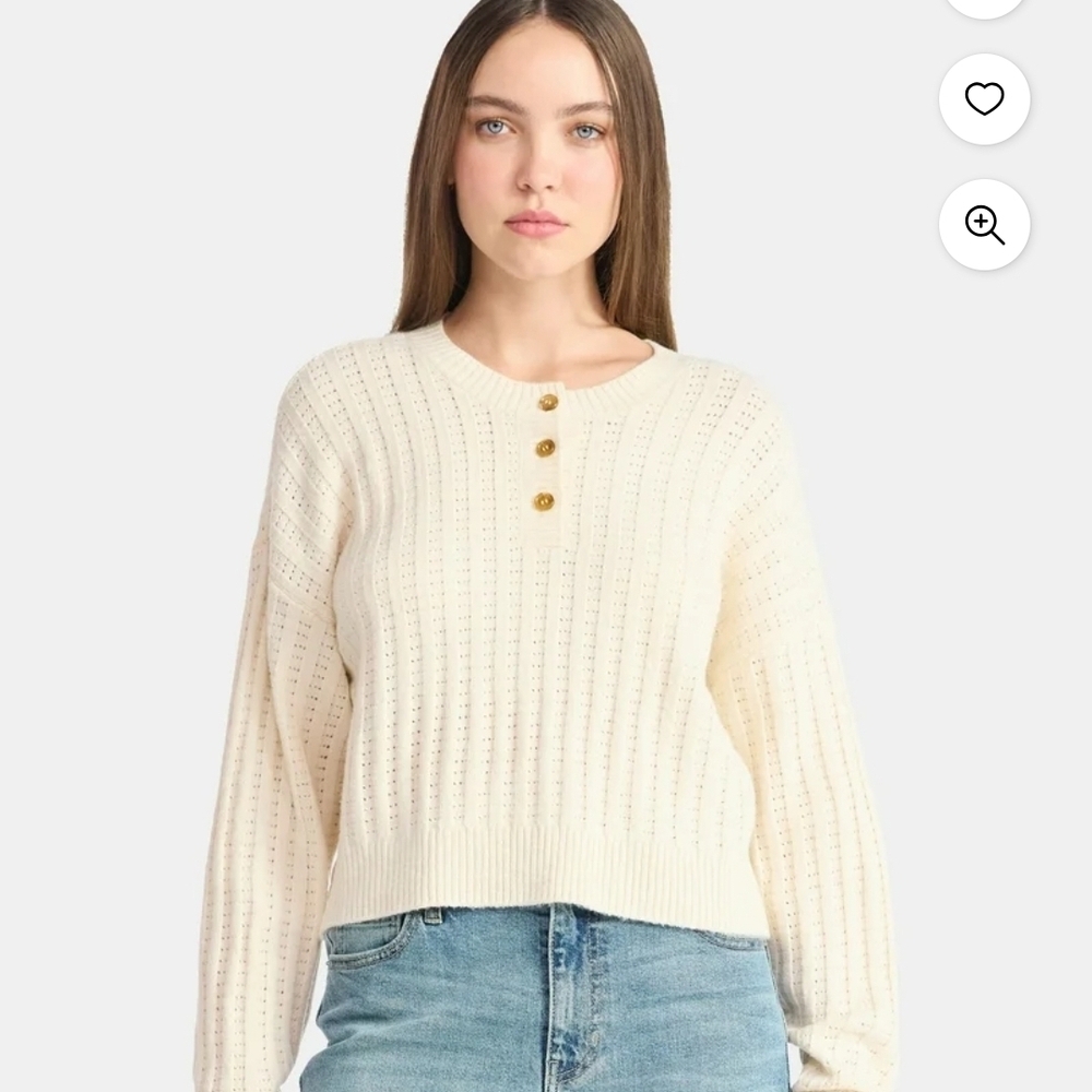 NWT Women's Cream Henley Sweater with Button Detail